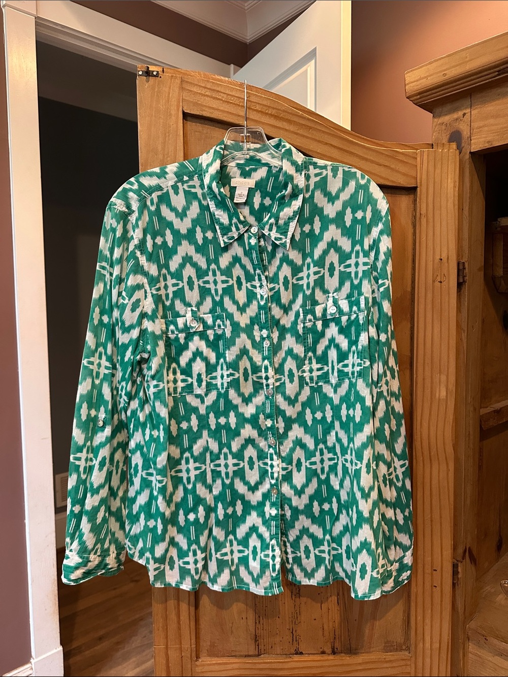 Chico's Green and White Ikat Button-Down Shirt